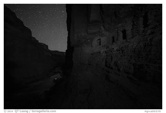 Ancient Nankoweap granaries above the Colorado River at night. Grand Canyon National Park (black and white)