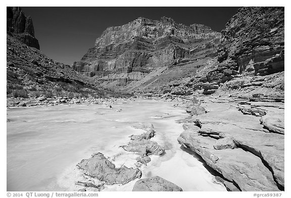 Little Colorodo River flows turquoise on its way to Colorado River below Chuar Butte. Grand Canyon National Park (black and white)