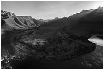 Sunburst on rim above Unkar rapids river bend. Grand Canyon National Park ( black and white)