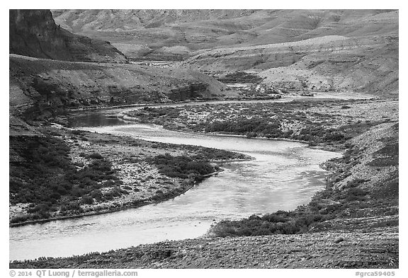 Colorado River meanders in most open part of Grand Canyon. Grand Canyon National Park (black and white)