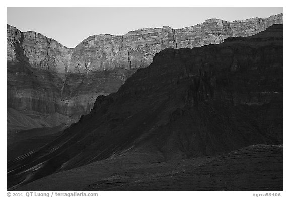 Last light illuminates cliffs of South Rim. Grand Canyon National Park (black and white)