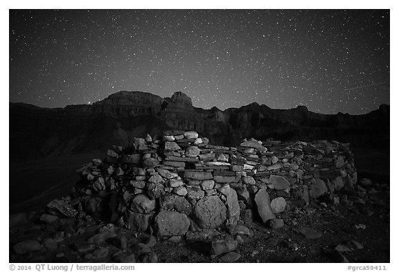Ancient ruin and South Rim at night. Grand Canyon National Park (black and white)