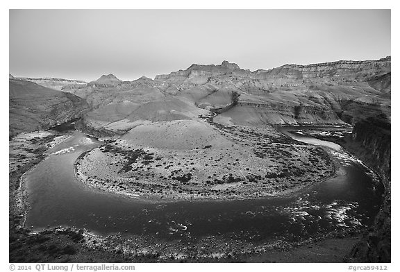 Colorado River bend at Unkar Rapids, dawn. Grand Canyon National Park (black and white)