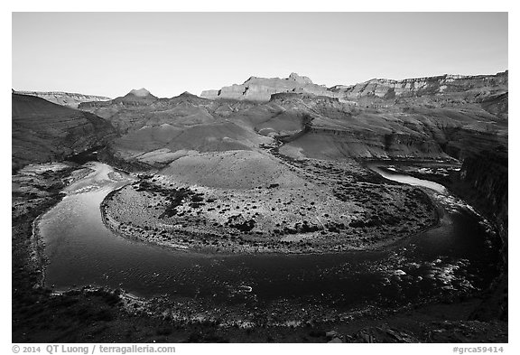 Colorado River bend at Unkar Rapids, sunrise. Grand Canyon National Park (black and white)