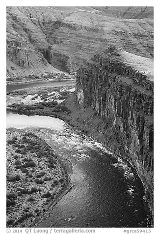 Unkar Rapids and Colorado River from above. Grand Canyon National Park (black and white)