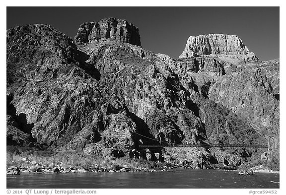Kaibab Suspension Bridge on the Colorado River. Grand Canyon National Park (black and white)