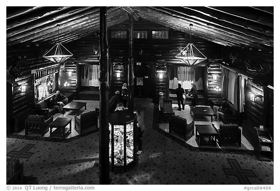 Main lobby from above, El Tovar. Grand Canyon National Park (black and white)