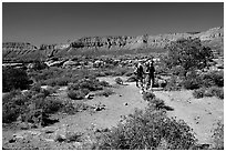 Backpackers on  Esplanade, Thunder River and Deer Creek trail. Grand Canyon National Park, Arizona, USA. (black and white)