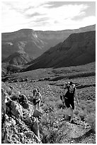 Backpackers in Surprise Valley, Thunder River and Deer Creek trail. Grand Canyon National Park, Arizona, USA. (black and white)