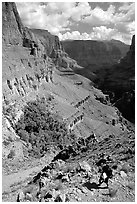 Backpacker on switchbacks above Tapeats Creek. Grand Canyon National Park, Arizona, USA. (black and white)