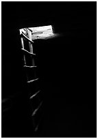 Dark kiva room with Ladder through light opening, Spruce Tree house. Mesa Verde National Park, Colorado, USA. (black and white)