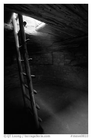 Ladder through a smoke hole in Spruce Tree house. Mesa Verde National Park, Colorado, USA.