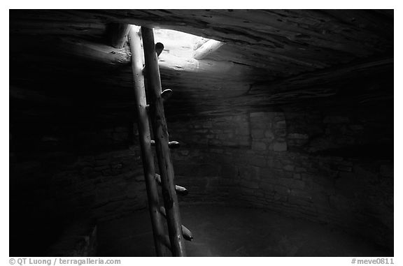 Ladder through a smoke hole in Spruce Tree house. Mesa Verde National Park, Colorado, USA.