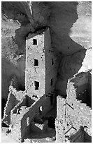 Square Tower house, tallest ruin in Mesa Verde, late afternoon. Mesa Verde National Park ( black and white)