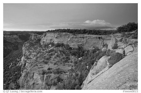 Square Tower house and Long Mesa, dusk. Mesa Verde National Park (black and white)