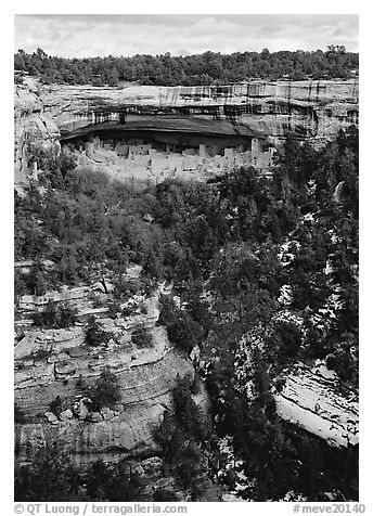 Cliff Palace seen from across valley in winter. Mesa Verde National Park (black and white)