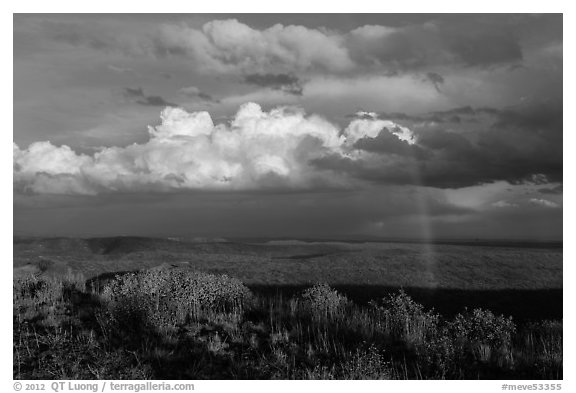 Rainbow and thunderstorm clouds over mesa. Mesa Verde National Park, Colorado, USA.