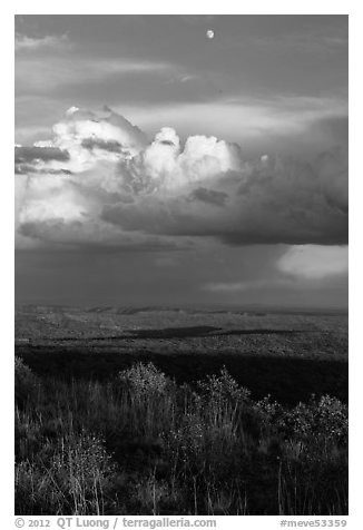 Moon, thunderstorm cloud over mesas at sunset. Mesa Verde National Park (black and white)