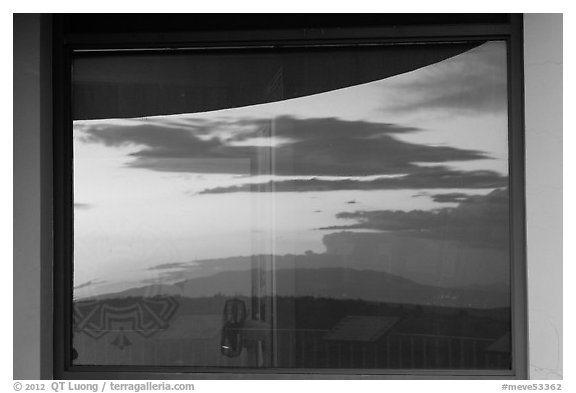 Mesa at sunset, Far View visitor center window reflexion. Mesa Verde National Park, Colorado, USA.