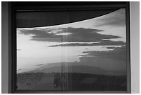 Mesa at sunset, Far View visitor center window reflexion. Mesa Verde National Park, Colorado, USA. (black and white)