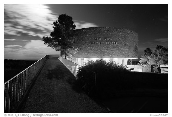 Far View visitor center entrance by moonlight. Mesa Verde National Park (black and white)