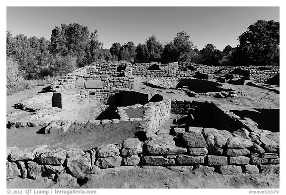 Ancestral Puebloan village with multiple rooms and kivas. Mesa Verde National Park (black and white)