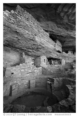 Kiva and structures built on ledge, Mug House. Mesa Verde National Park (black and white)