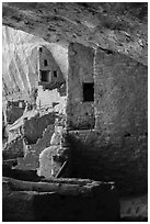 Side view of structures abutting cliff, Long House. Mesa Verde National Park ( black and white)