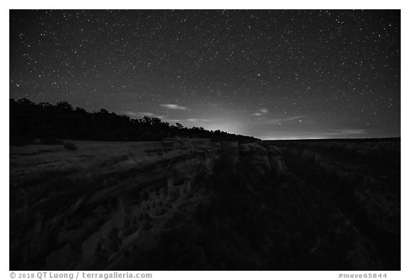 Starry sky above Cliff Palace. Mesa Verde National Park (black and white)