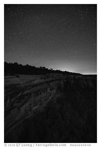 Night with stars above Cliff Palace. Mesa Verde National Park (black and white)