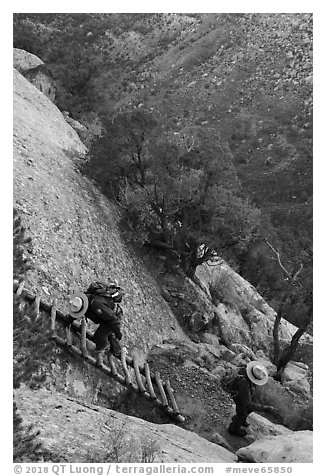 Park rangers descend ladder. Mesa Verde National Park (black and white)