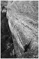 Park ranger on ladder along steep cliff leading to ruin. Mesa Verde National Park ( black and white)