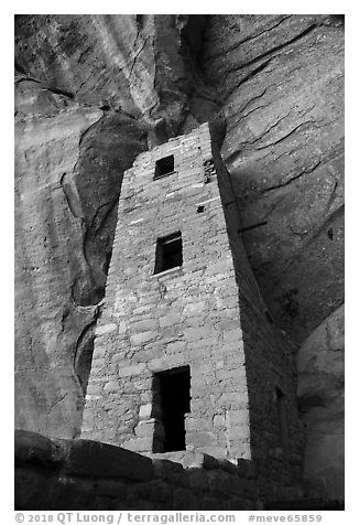 Three-storied tower from below, Square Tower House. Mesa Verde National Park (black and white)