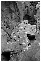 Crows Nest perched high in cliff crevice, Square Tower House. Mesa Verde National Park ( black and white)