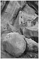 Looking up Square Tower House and cliff. Mesa Verde National Park ( black and white)