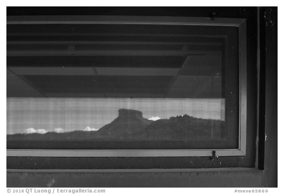 Park Point Visitor Center window reflexion. Mesa Verde National Park (black and white)