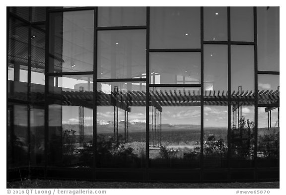 Mancos Valley with Park Point, Visitor and Research Center  window reflexion. Mesa Verde National Park (black and white)