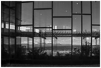 Mancos Valley with Park Point, Visitor and Research Center  window reflexion. Mesa Verde National Park ( black and white)