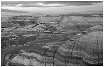 Multi-hued badlands of Blue Mesa, sunset. Petrified Forest National Park, Arizona, USA. (black and white)