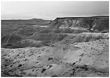 Badlands at sunset, Painted Desert. Petrified Forest National Park, Arizona, USA. (black and white)