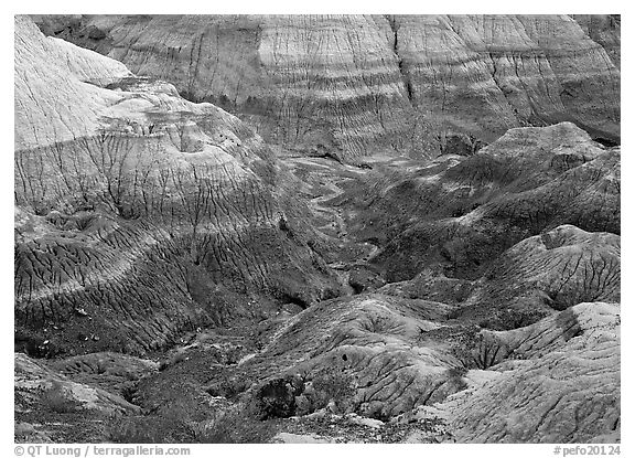 Colorful bentonite badlands, Blue Mesa. Petrified Forest National Park (black and white)