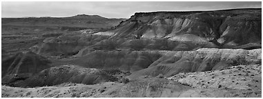 Painted Desert badlands at sunset. Petrified Forest National Park (Panoramic black and white)