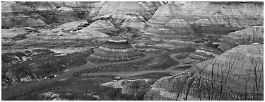 Blue Mesa colored badlands. Petrified Forest National Park (Panoramic black and white)
