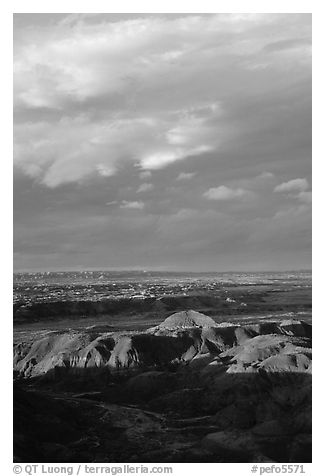 Painted desert seen from Chinde Point, stormy sunset. Petrified Forest National Park, Arizona, USA.