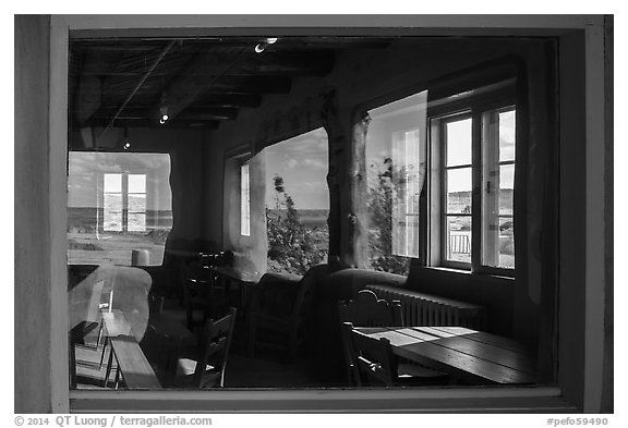 Painted Desert, Painted Desert Inn window reflexion. Petrified Forest National Park (black and white)