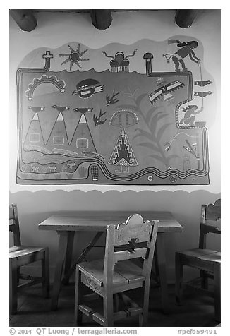 Murals on dining room by Hopi artist Fred Kabotie, Painted Desert Inn. Petrified Forest National Park (black and white)