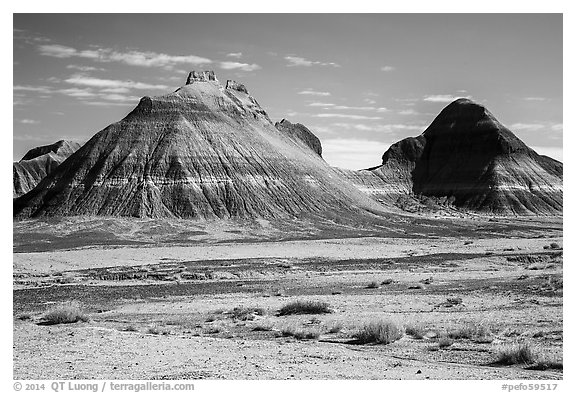 Conical hills carved from blue and red mudstone by erosion. Petrified Forest National Park (black and white)