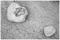 Ground view with concretions and red cracked mud. Petrified Forest National Park ( black and white)