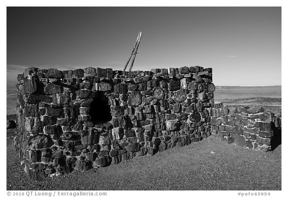 Agate House built with petrified wood. Petrified Forest National Park (black and white)