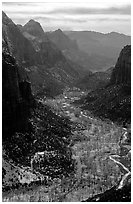Zion Canyon from  summit of Angel's landing, mid-day. Zion National Park, Utah, USA. (black and white)